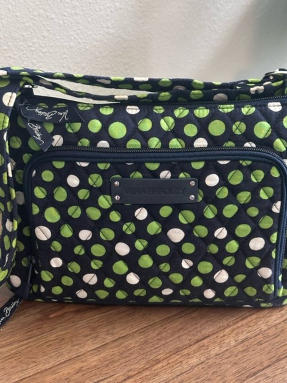 Vera Bradley Lime Green and Navy Polka Dot Quilted Crossbody - Like New!